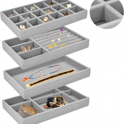 Conjunto de organizadores de veludo cinza para joias com vários compartimentos