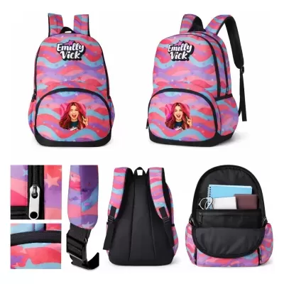 Mochila colorida com padrão ondulado e impressão de rosto feminino