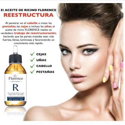 Frasco de óleo de rícino Florence e rosto feminino com unhas coloridas