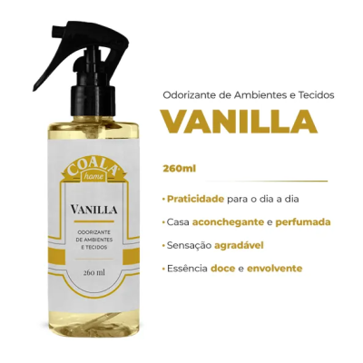Frasco spray odorizante ambientes vanilla 260 ml com rótulo branco e dourado