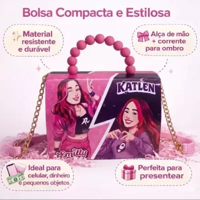 Bolsa compacta rosa e preta com alça de bola, corrente dourada e ilustrações de duas jovens feminina.
