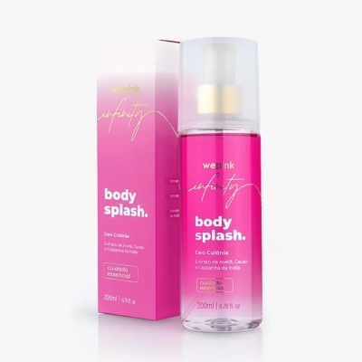 Frasco rosa de body splash 'we pink infinity' com caixa rosa ao lado