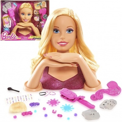Cabeça de boneca Barbie loira com acessórios de penteado e maquilhagem