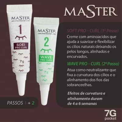 Duas bisnagas de creme MASTER para curvatura de cílios em fundo castanho.
