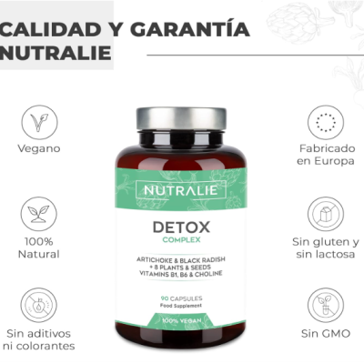 frasco de suplemento Nutralie Detox Complex com informações de qualidade e garantia