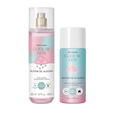 Dois produtos Cuide-se Bem Nuvem de Alegria O Boticário, body splash 200 ml e óleo hidratante 110 ml, com frascos coloridos em rosa e azul claro.