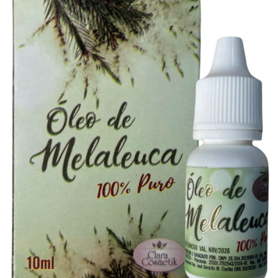 Óleo de melaleuca 100% puro em embalagem e frasco pequenos com 10 ml