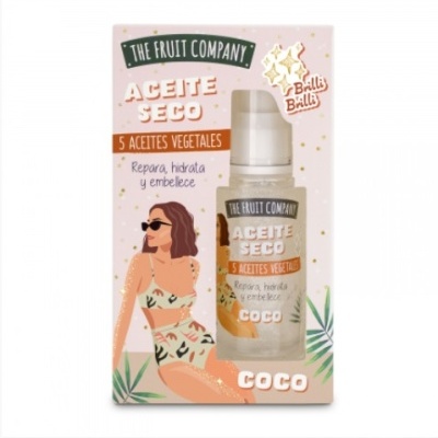 Frasco de óleo seco com embalagem rosa e ilustração de mulher em fato de banho