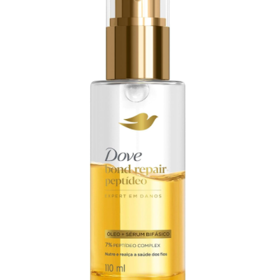 Frasco de spray Dove bond repair peptídeo com líquido amarelo e tampa dourada