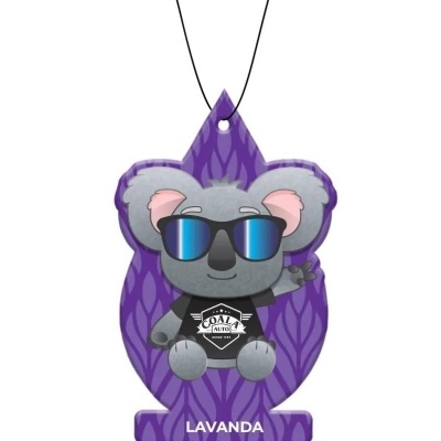Aromatizador lilás com figura de koala e texto COALA AUTO DESDE 1987 e LAVANDA