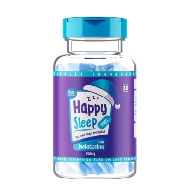 Frasco de suplemento Happy Sleep Caps com cápsulas azuis e rótulo roxo