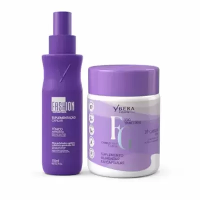 Frasco roxo de tónico capilar e pote branco e roxo de suplemento alimentar em cápsulas