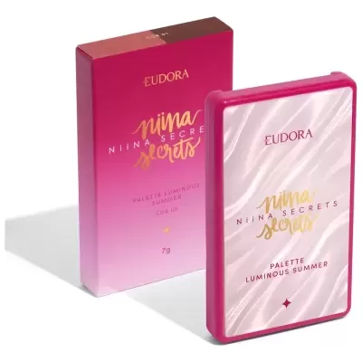 Paleta de maquilhagem Eudora Niina Secrets com embalagem rosa degradê e letras douradas
