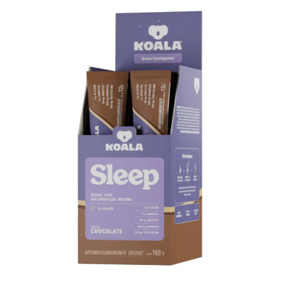 Produto Koala Sleep suplemento em pó sabor chocolate em embalagem roxa e castanha com 14 sachês