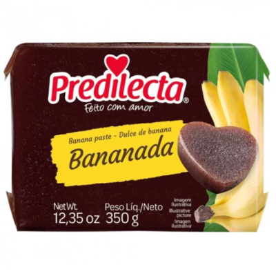 Embalagem de pasta de banana Predilecta Bananada com 350 g e texto em português e espanhol