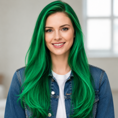 Mulher com cabelo verde e jaqueta de ganga