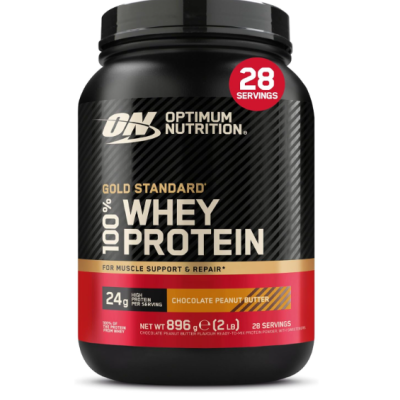 Embalagem preta de 100% Whey Protein Optimum Nutrition sabor chocolate e manteiga de amendoim.