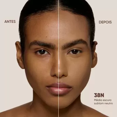 Imagem de rosto dividido antes e depois com legenda 38N Média escura subtom neutro