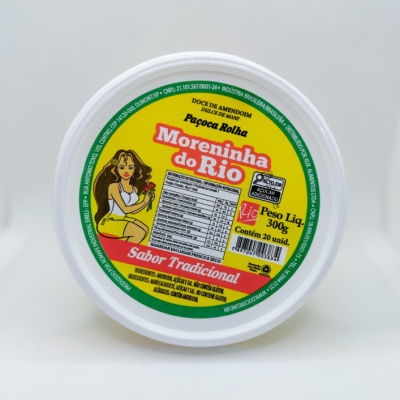 Embalagem de paçoca rolha Moreninha do Rio com rótulo colorido e ilustração