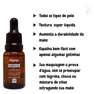 Frasco de vidro castanho com tampa conta-gotas preta do produto Dapop Blindagem Makeup e texto descritivo ao lado.