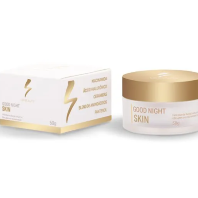 Frasco e caixa do creme facial GOOD NIGHT SKIN com textos em branco e dourado