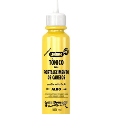 Frasco amarelo de tônico para fortalecimento de cabelos com tampa branca e texto preto.