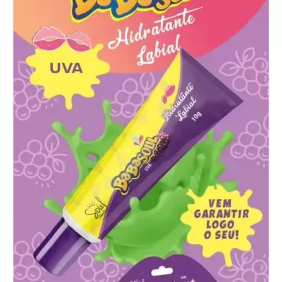 Hidratante labial Babassu uva em tubo roxo e amarelo com gráficos de uvas