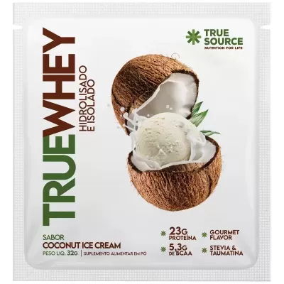 Pacote de suplemento alimentar em pó sabor coco com bola de sorvete e texto em português e inglês.
