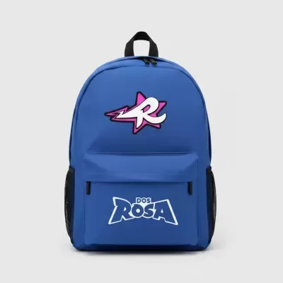 Mochila azul com bolso frontal e logos em branco e rosa