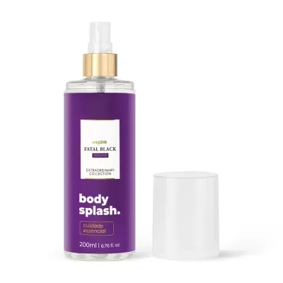 Frasco spray transparente com rótulo roxo e tampa transparente ao lado