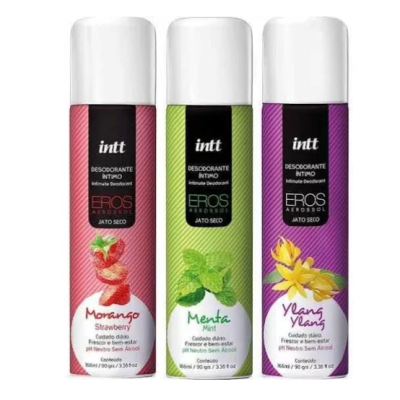 Três desodorizantes íntimos em spray intt Eros Aerossol em vermelho, verde e roxo