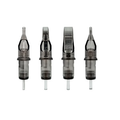 Quatro ponteiras de tatuagem em plástico cinza translúcido de diferentes formatos lado a lado