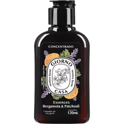 Frasco preto com rótulo colorido de concentrado Essences Bergamota & Patchouli GIORNO CASA