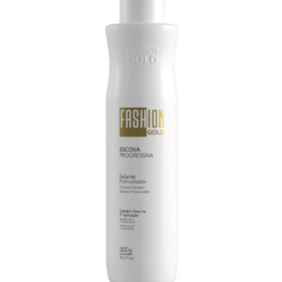 Frasco branco com tampa branca de produto capilar FASHION GOLD Escova Progressiva