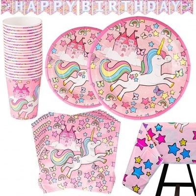 Conjunto festa festa unicórnio colorido rosa com HAPPY BIRTHDAY