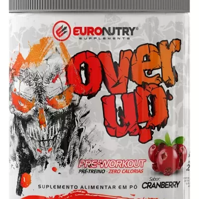Frasco de suplemento alimentar pré-treino sabor Cranberry com design de caveira e texto Over Up