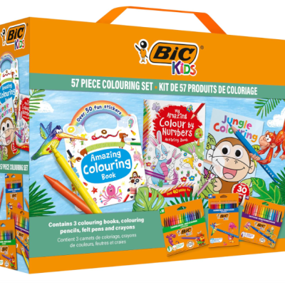 Conjunto de pintura BIC Kids com livros e materiais para colorir numa caixa colorida com alça