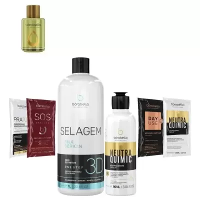 Produtos capilares bórabella com frascos e sachês coloridos