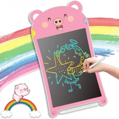 Tablet de desenho digital rosa em forma de porco com ecrã para desenhar colorido e arco-íris de fundo