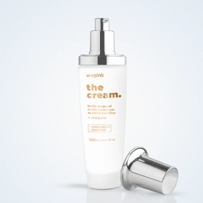 Frasco branco de loção corporal the cream da wepink com tampa metálica removida