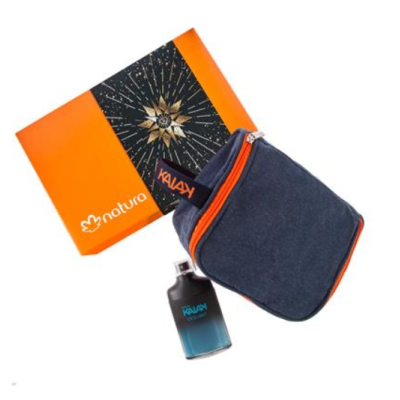 Conjunto de cosmeticos Natura com caixa laranja, necessaire azul escura e frasco de perfume KALAH