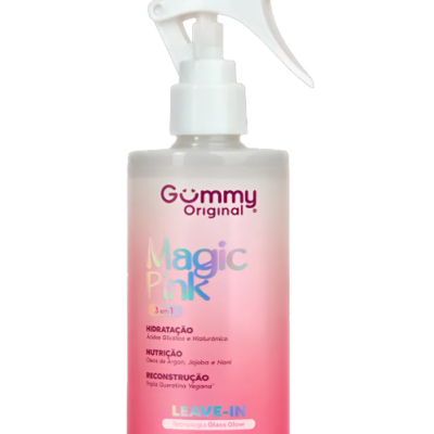 Frasco com spray branco contendo produto capilar Magic Pink Gummy Original rosa