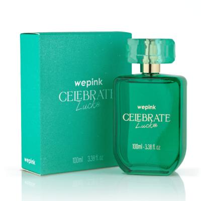 Frasco e caixa verdes de perfume Celebrate Luck da wepink