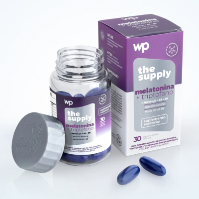 Suplemento alimentar the supply melatonina + triptofano com cápsulas azuis, frasco e embalagem roxa e branca