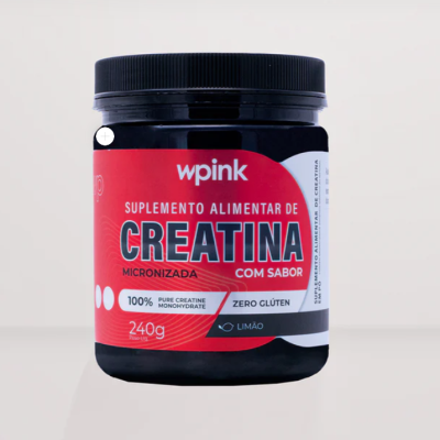 Frasco de suplemento alimentar de creatina com rótulo vermelho e preto