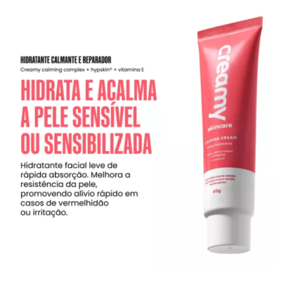 Tubo rosa de creme hidratante facial da marca Creamy com texto em português