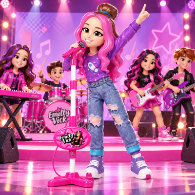 Conjunto de bonecos de banda musical com microfone rosa ajustável em palco iluminado
