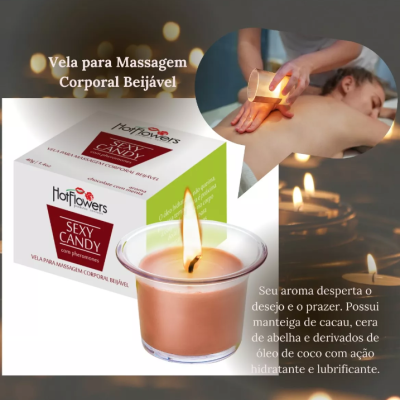 Vela de massagem corporal SEXY CANDY no copo de vidro com embalagem e imagem de massagem.