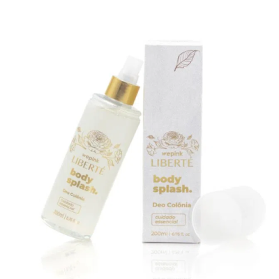 Frasco e caixa de body splash Liberté, embalagem branca e dourada