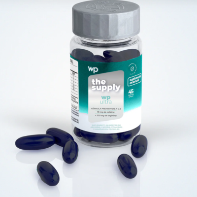 Frasco com cápsulas azuis escuras e rótulo azul e branco